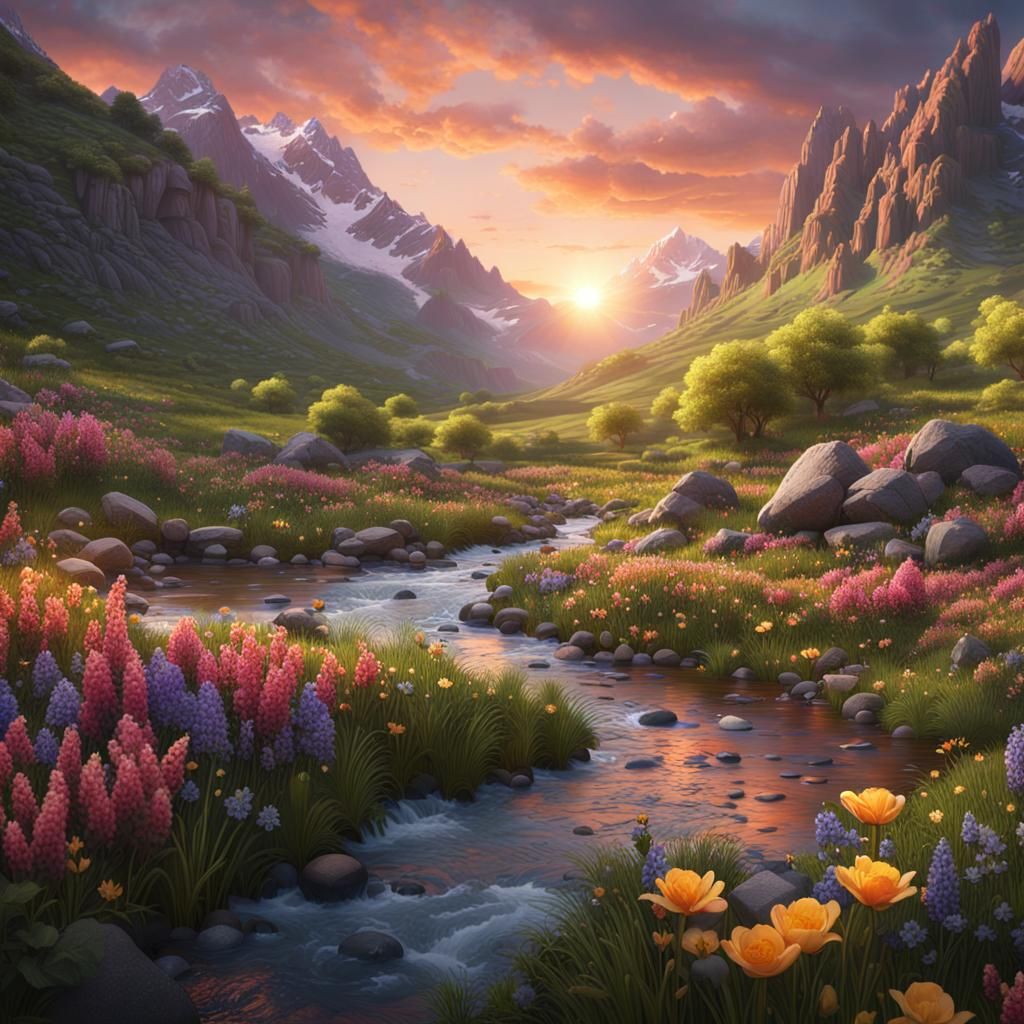 Photorealistic Mountain Valley at Sunset in Spring