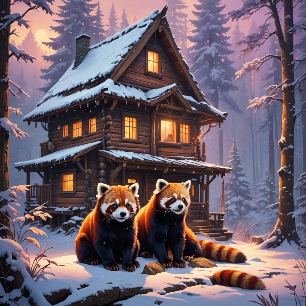 Red Pandas Relaxing by Cabin in Misty Forest