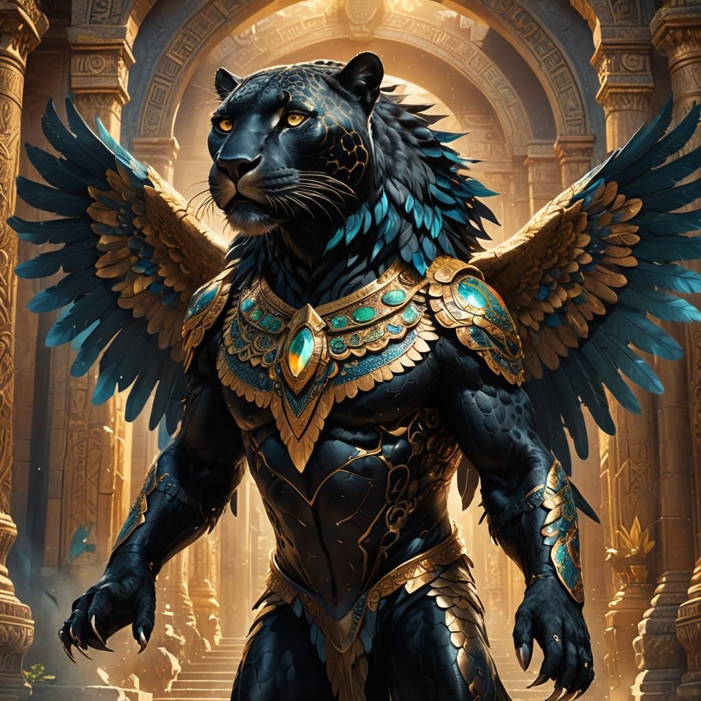 Majestic Jaguar Angel in Ancient Temple, Fantasy Art