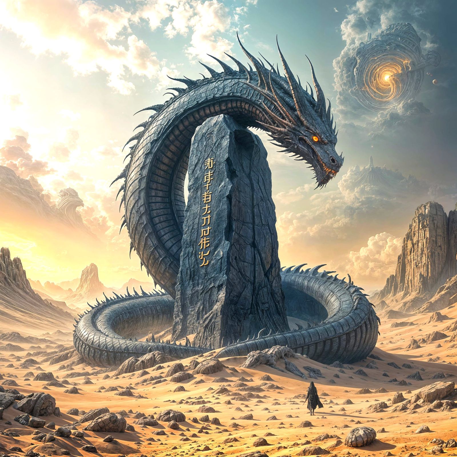 Ancient Dragon on Obsidian Monolith in Cosmic Desert