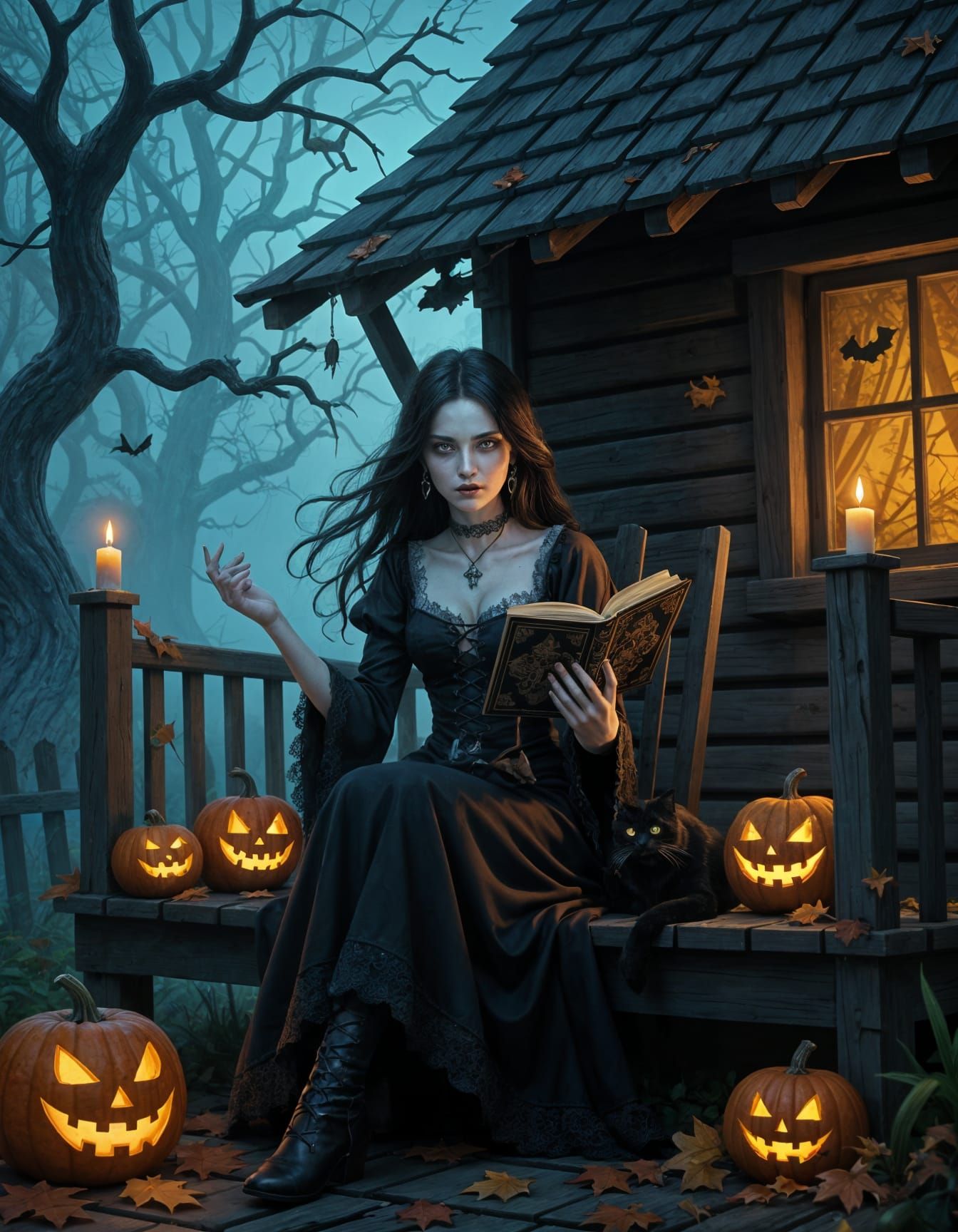 Eerie Young Witch on Crooked Porch with Familiar
