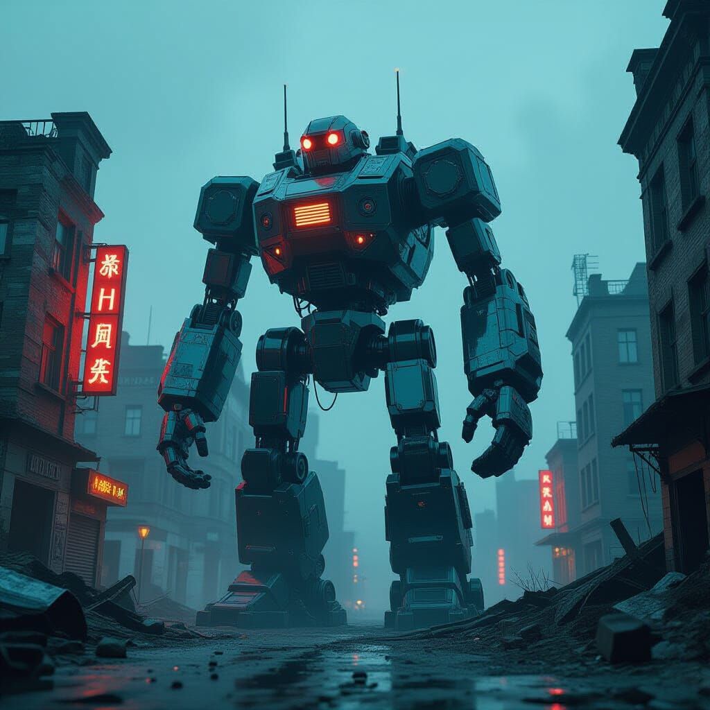 Towering Chrome Automaton in Ruined Metropolis