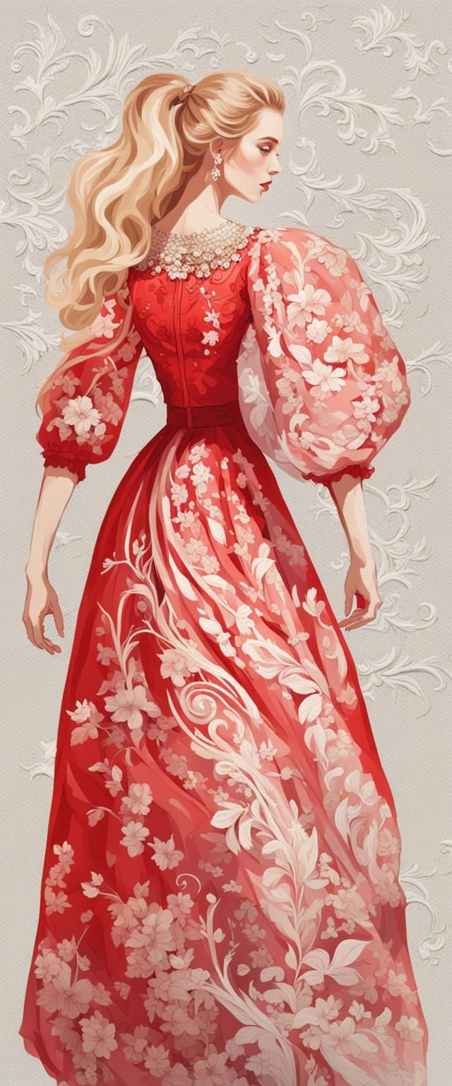 Blonde Girl in Red Gown: Naive Art Portrait