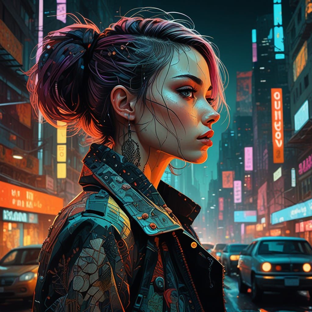 Hyper-Realistic City Punk Female in Neon-Lit 80's Style