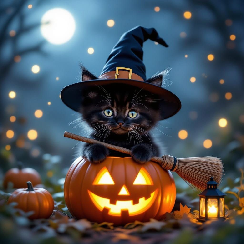 Black Kitten Witch in Glowing Pumpkin