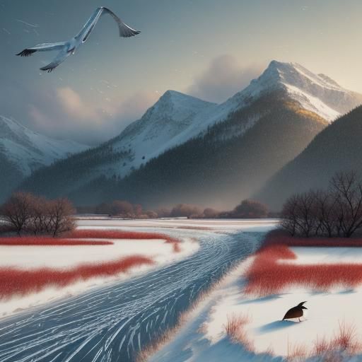 Geese Fly Over Snowy Field in Splash Art Style