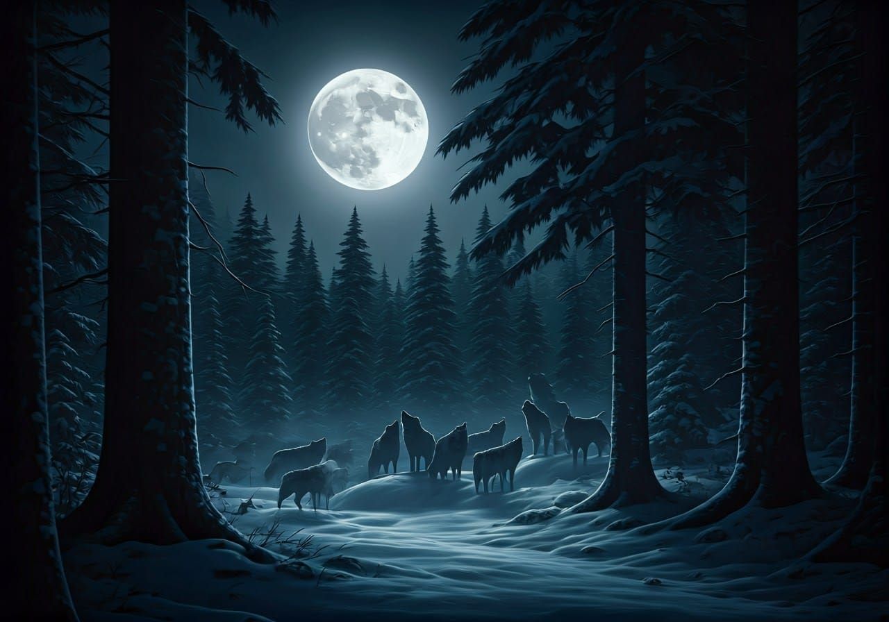 Wolves Howling Under a Silvery Moon