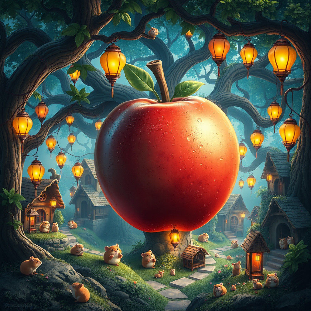 Lush Tree Village with Hamsters and Giant Apple