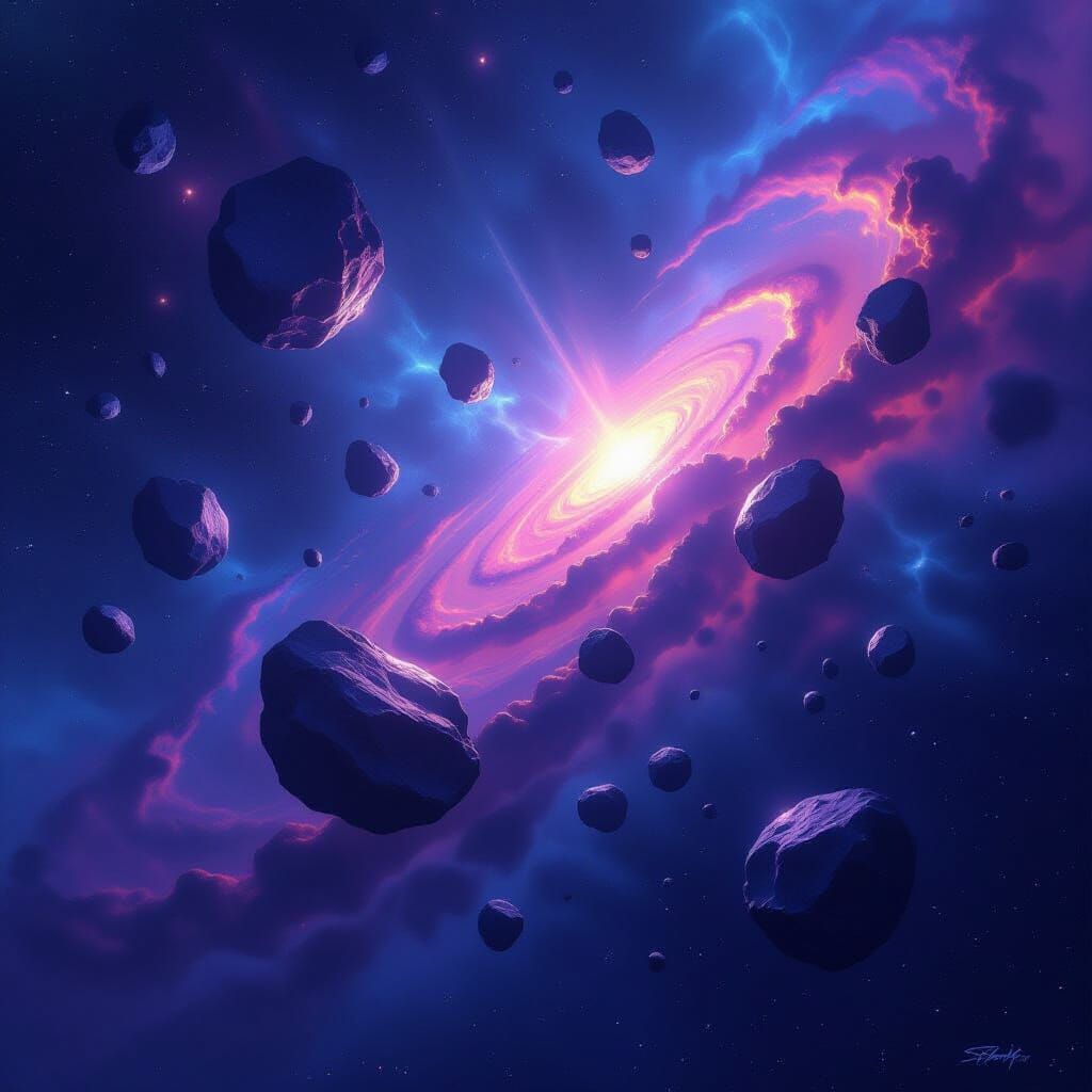 Epic Sci-Fi Concept Art of Glowing Asteroids in Cosmic Dust