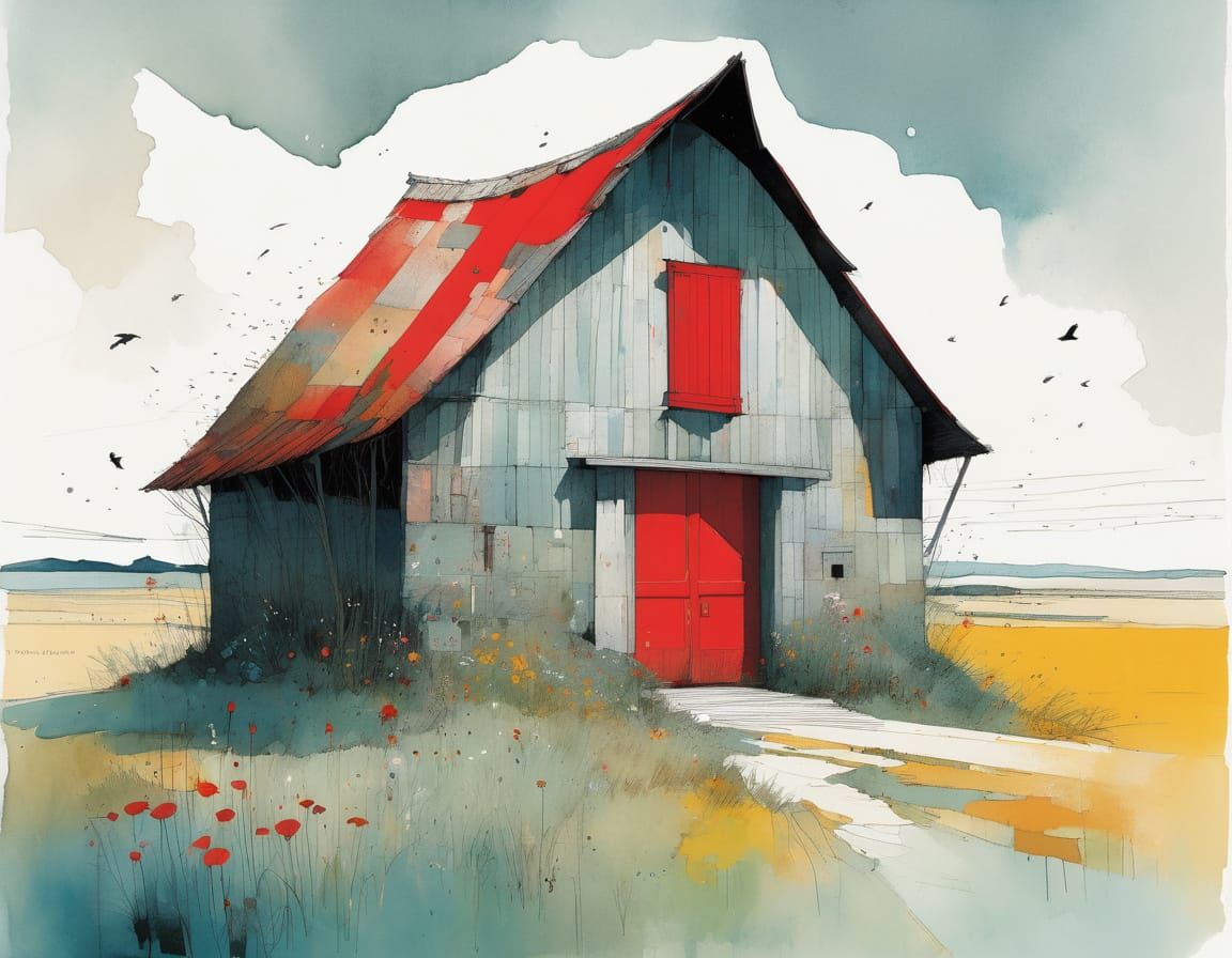 Charming Old Barn With Red Door Illustration