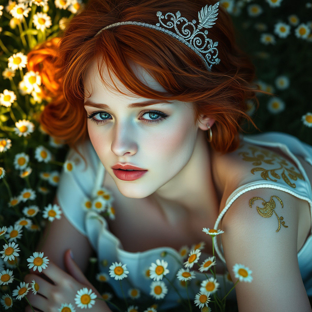 Princess in Daisy Field: A Cinematic Film Still