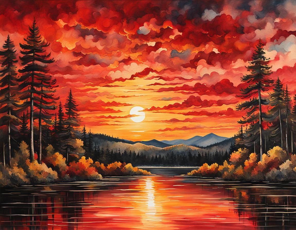 Sunset Lake Illustration in Oil, Watercolor and Ink