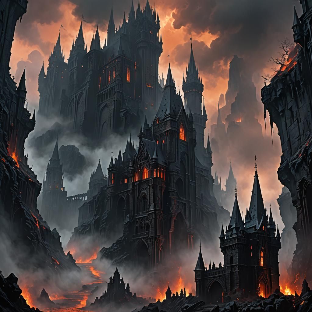 Dark Castle with Floating Lava in Gothic Style