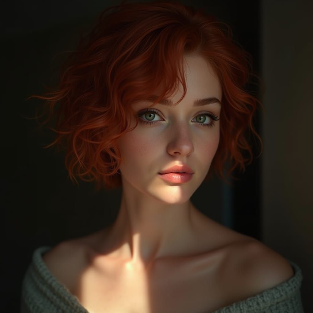 Photorealistic Portrait of Natural Beauty with Short Red Hai...