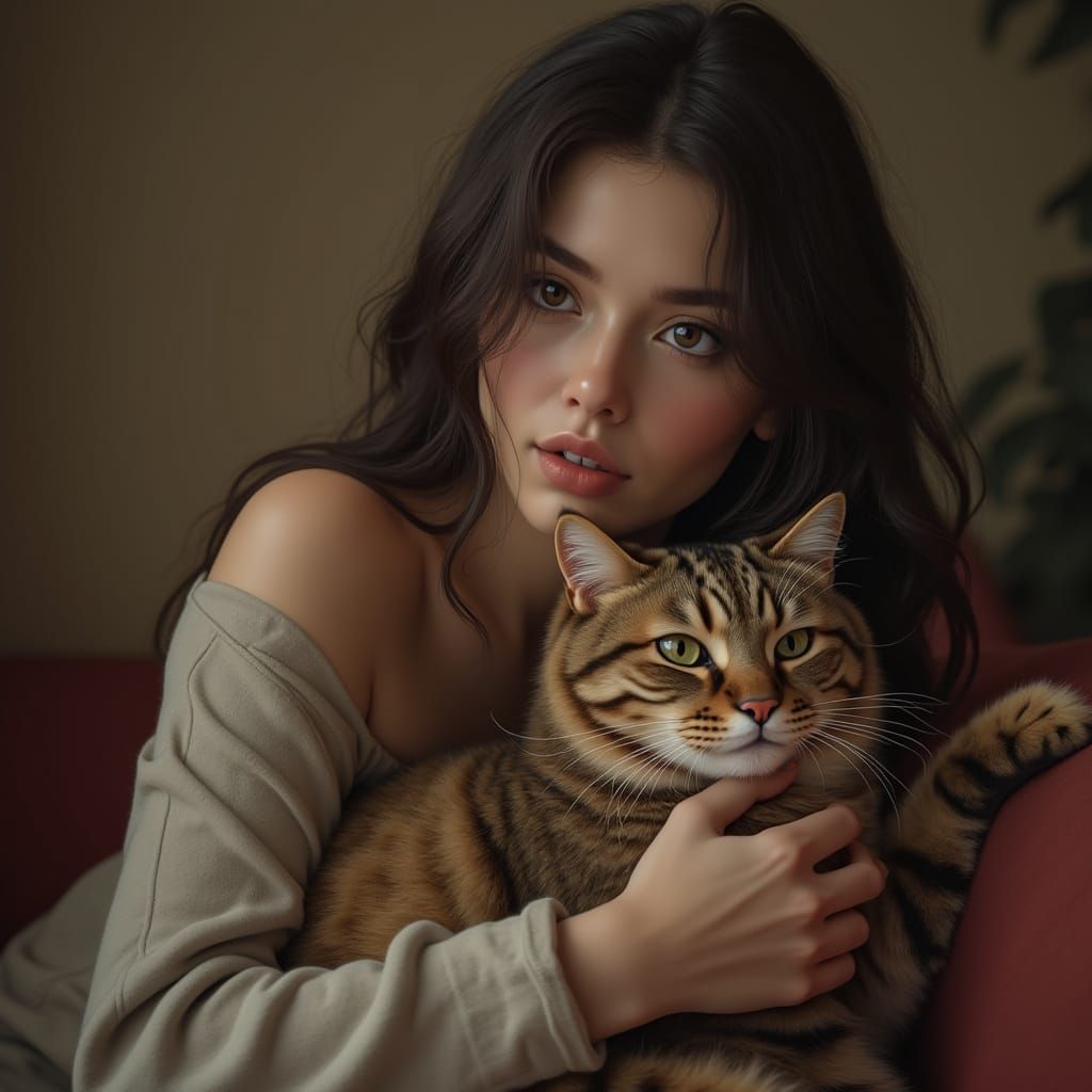 Hyper Realistic Portrait of a Woman with a Loyal Feline Comp...