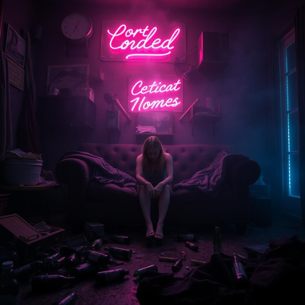 Hyperrealistic Woman in Smoky Room with Neon Lights