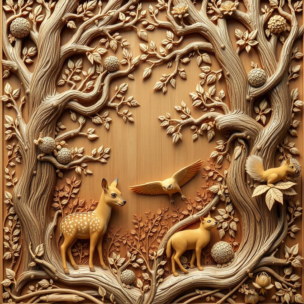 Detailed Wood Relief Carving of Forest Scene