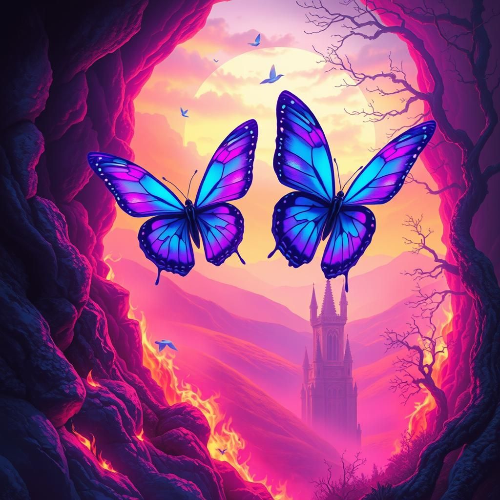 Butterflies Emerge from Fiery Abyss into Synthwave Dream