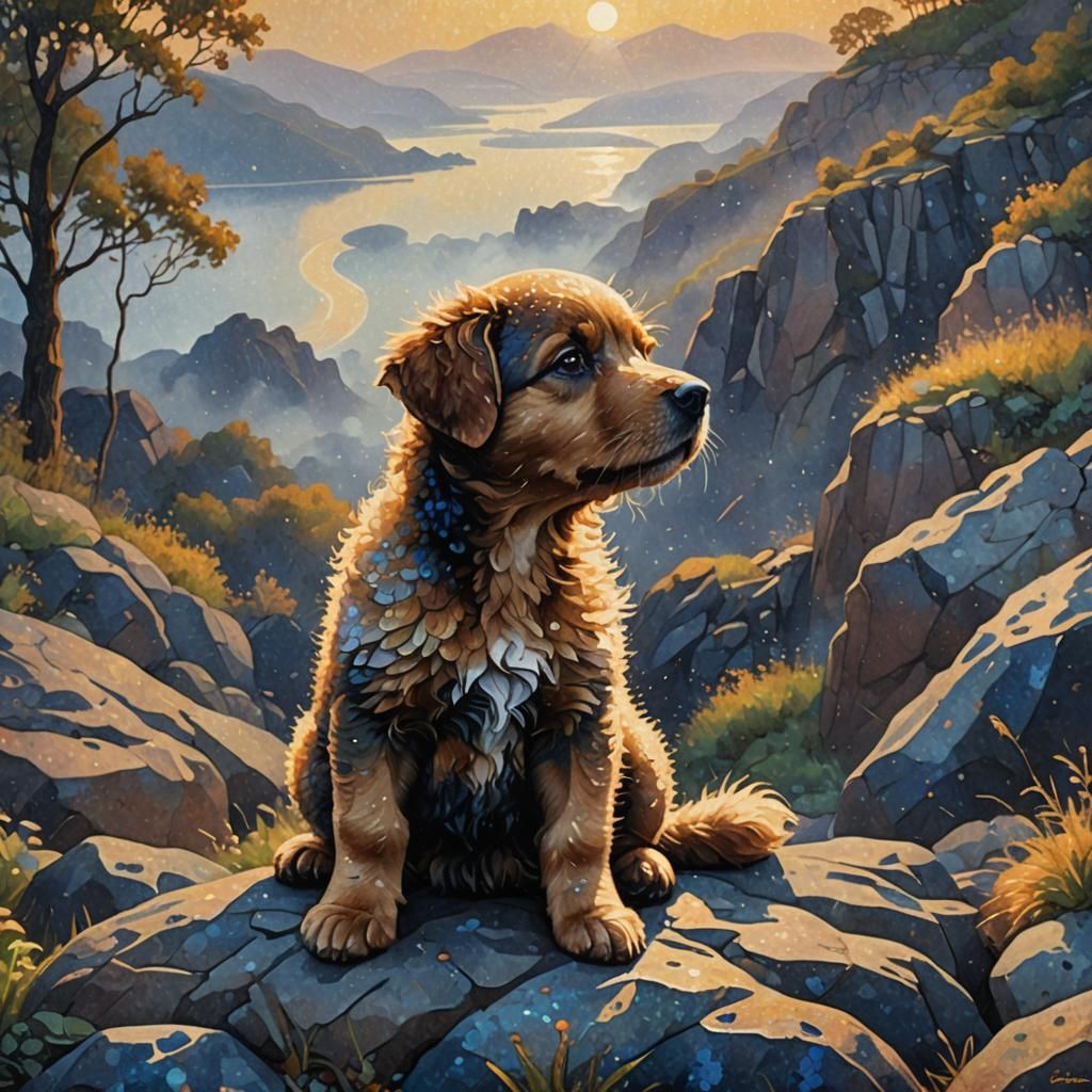 Puppy on Hill in Pointillism Style