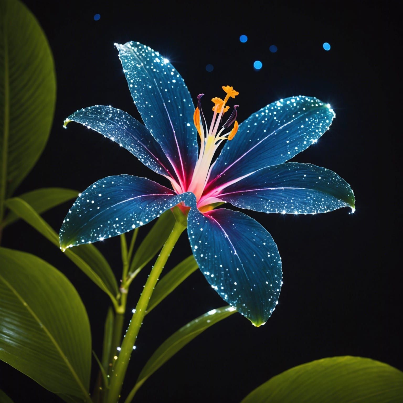 One tropical flower, luminous, sparkles, night time