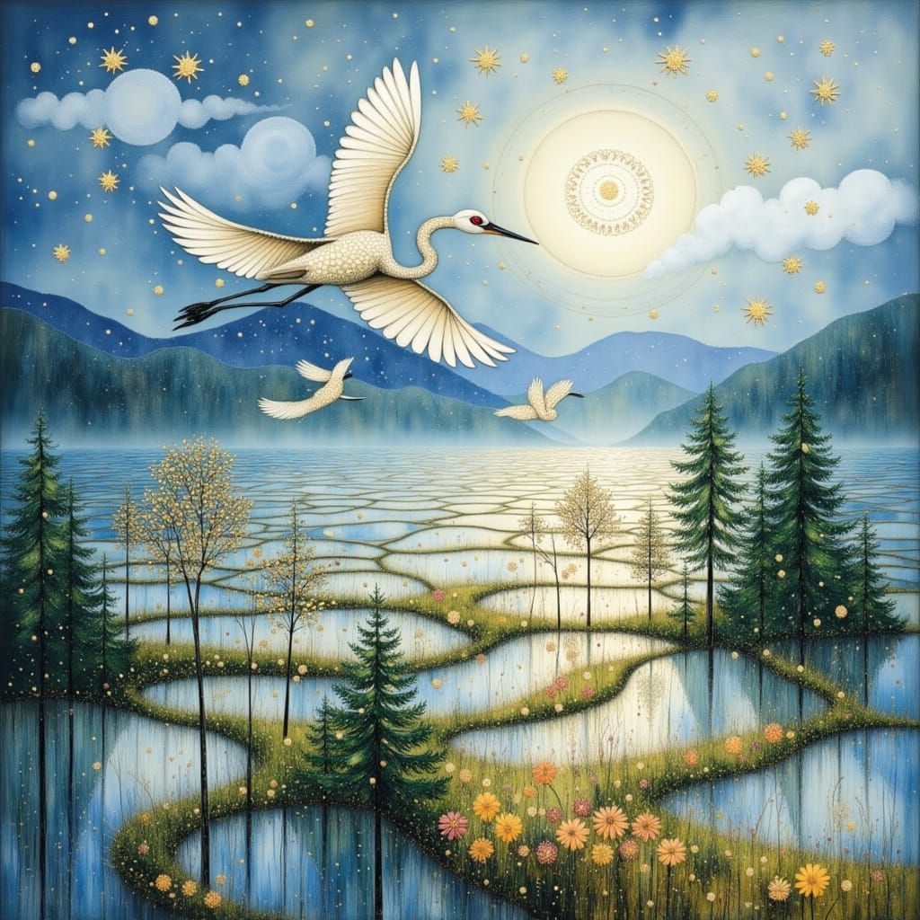 Egrets in Desert Rice Fields, Impressionistic Style