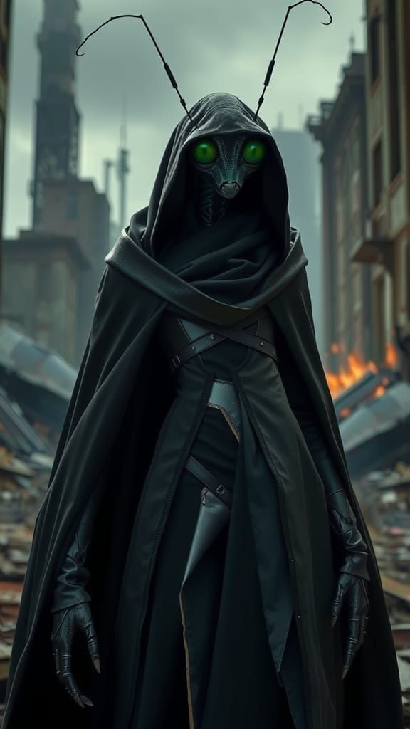 Dystopian Mantis Warrior in Black Amidst Ruins