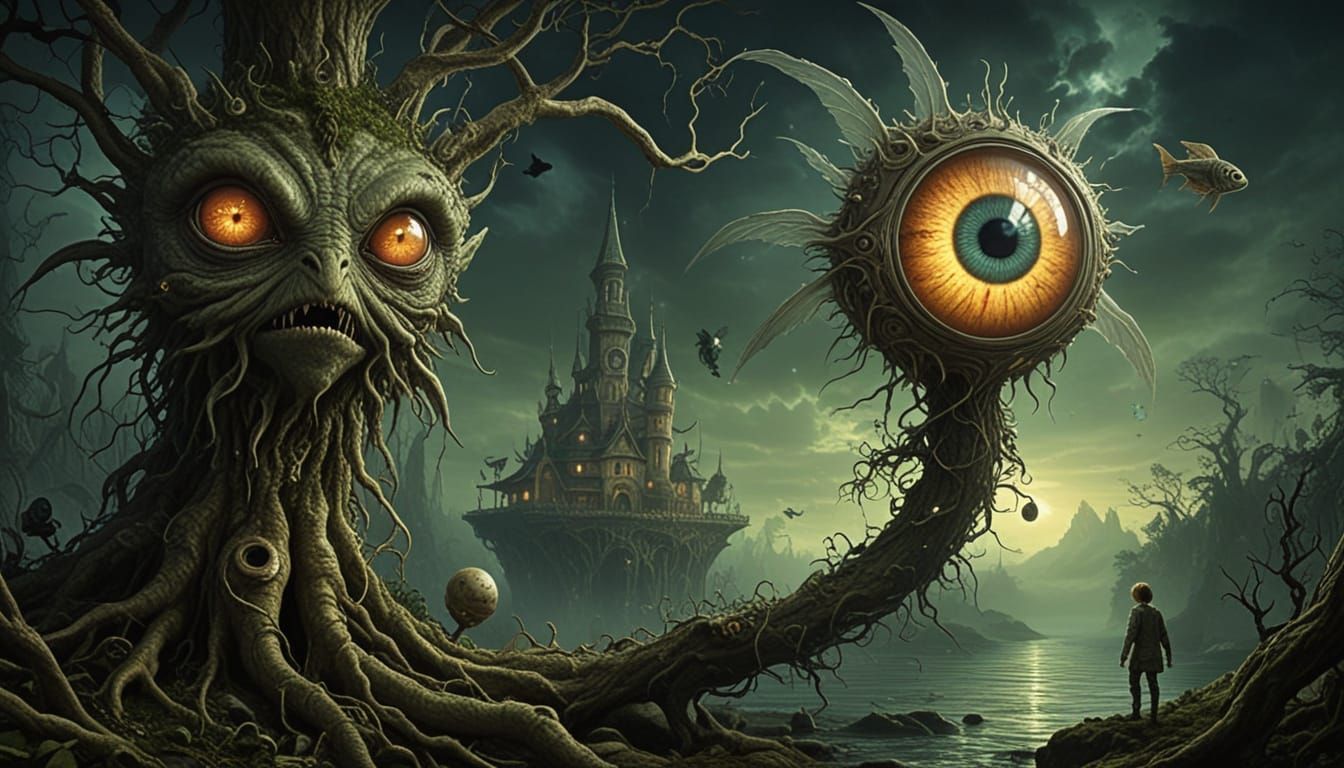 Surreal Dreamscape with Faerie Creatures and Giant Eyeball