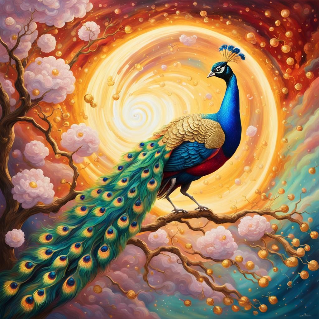 Cherry Peacock in Luxurious Garden: Surreal Oil Painting