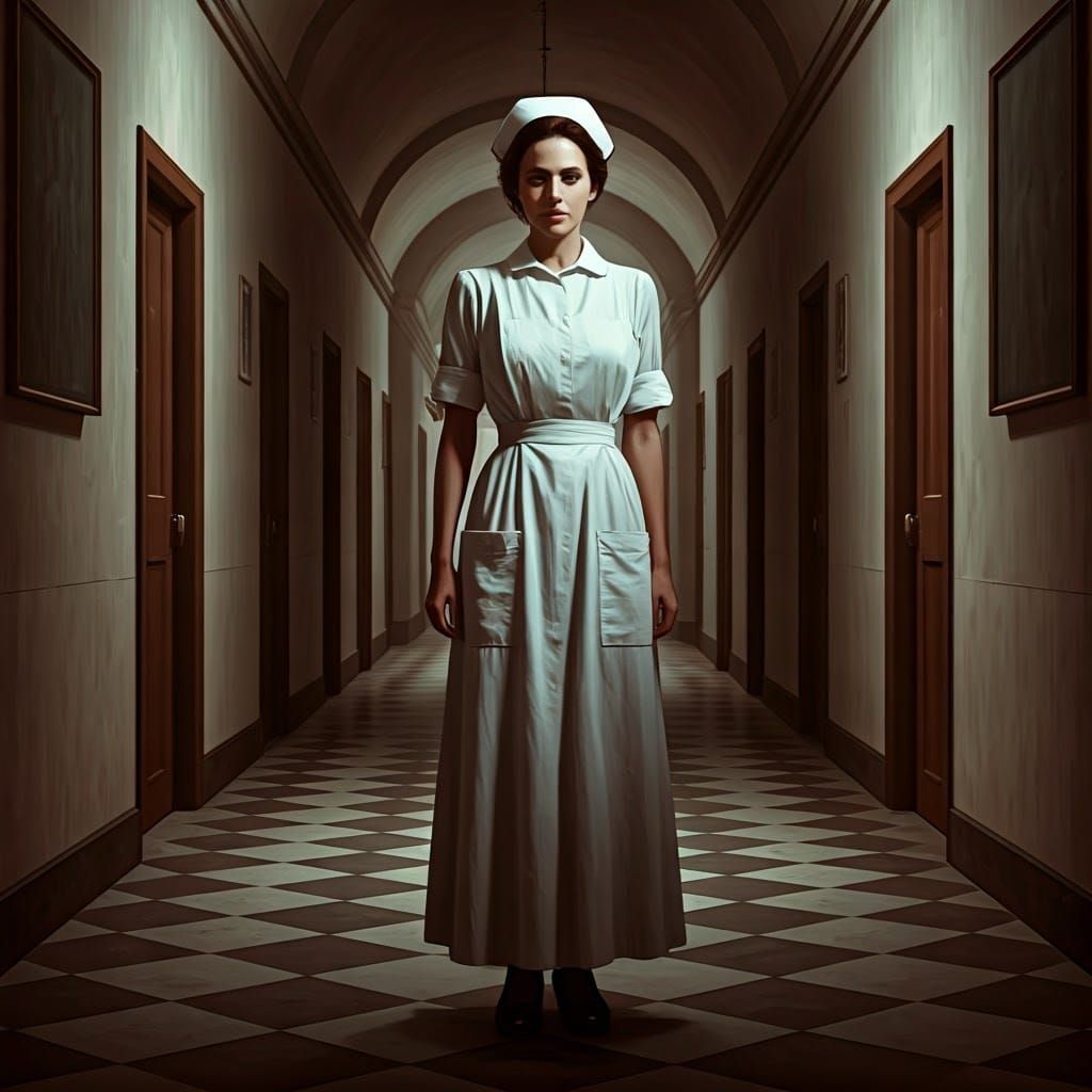 Ethereal Nurse in Abandoned Asylum Hallway