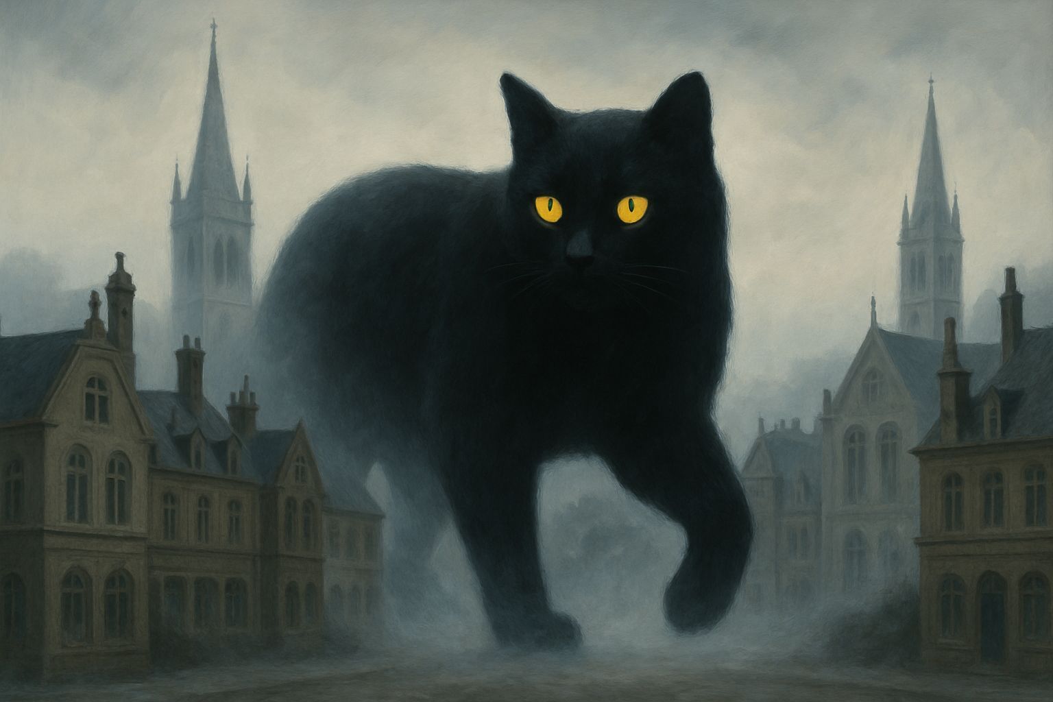 Giant Black Cat Creeping Through Misty Victorian Village