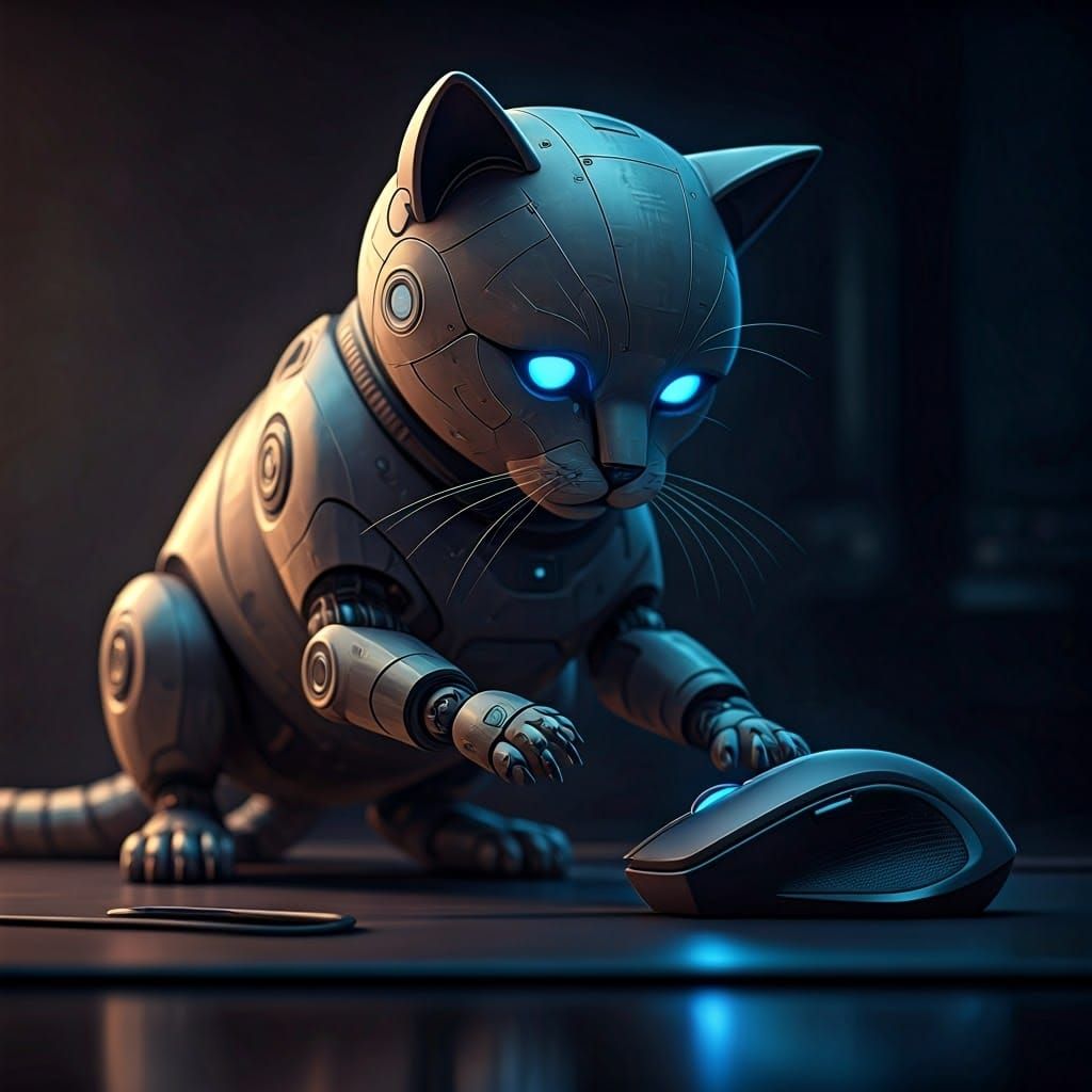 A robot cat playing with a computer mouse