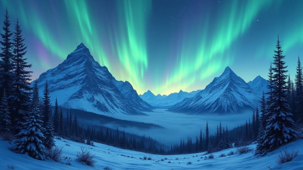 Vibrant Aurora Borealis Over Snow-Capped Canadian Mountains