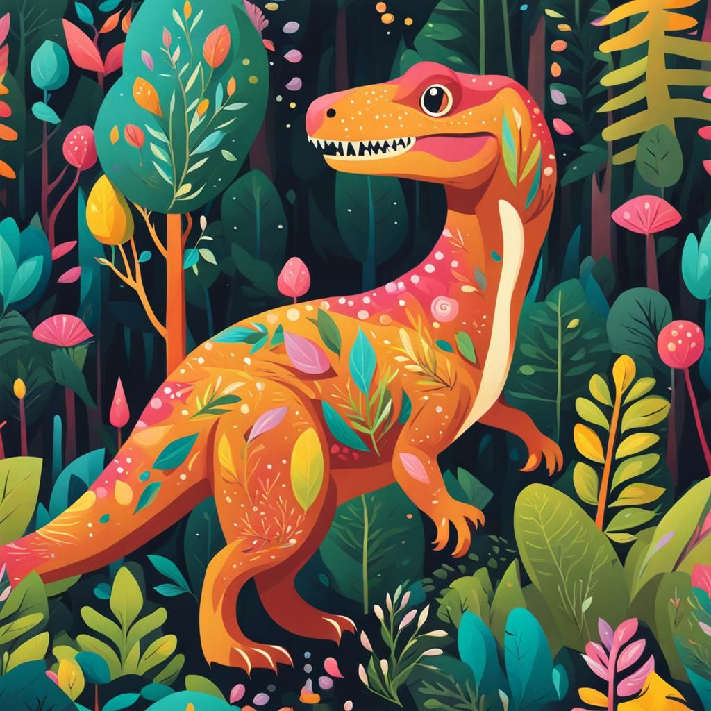 Happy T-Rex in Abstract Magical Forest