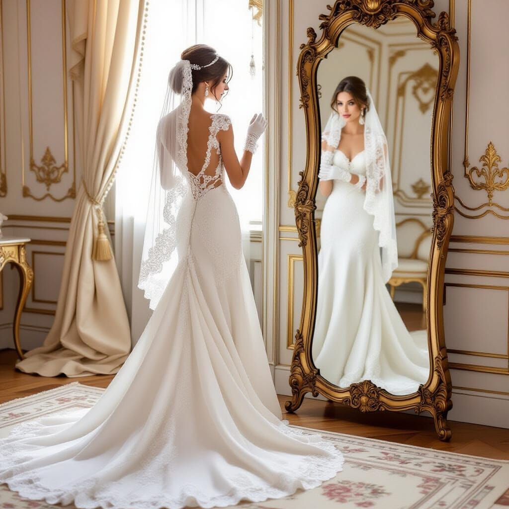 Bride in Flowing Dress Reflects, Art Nouveau Style