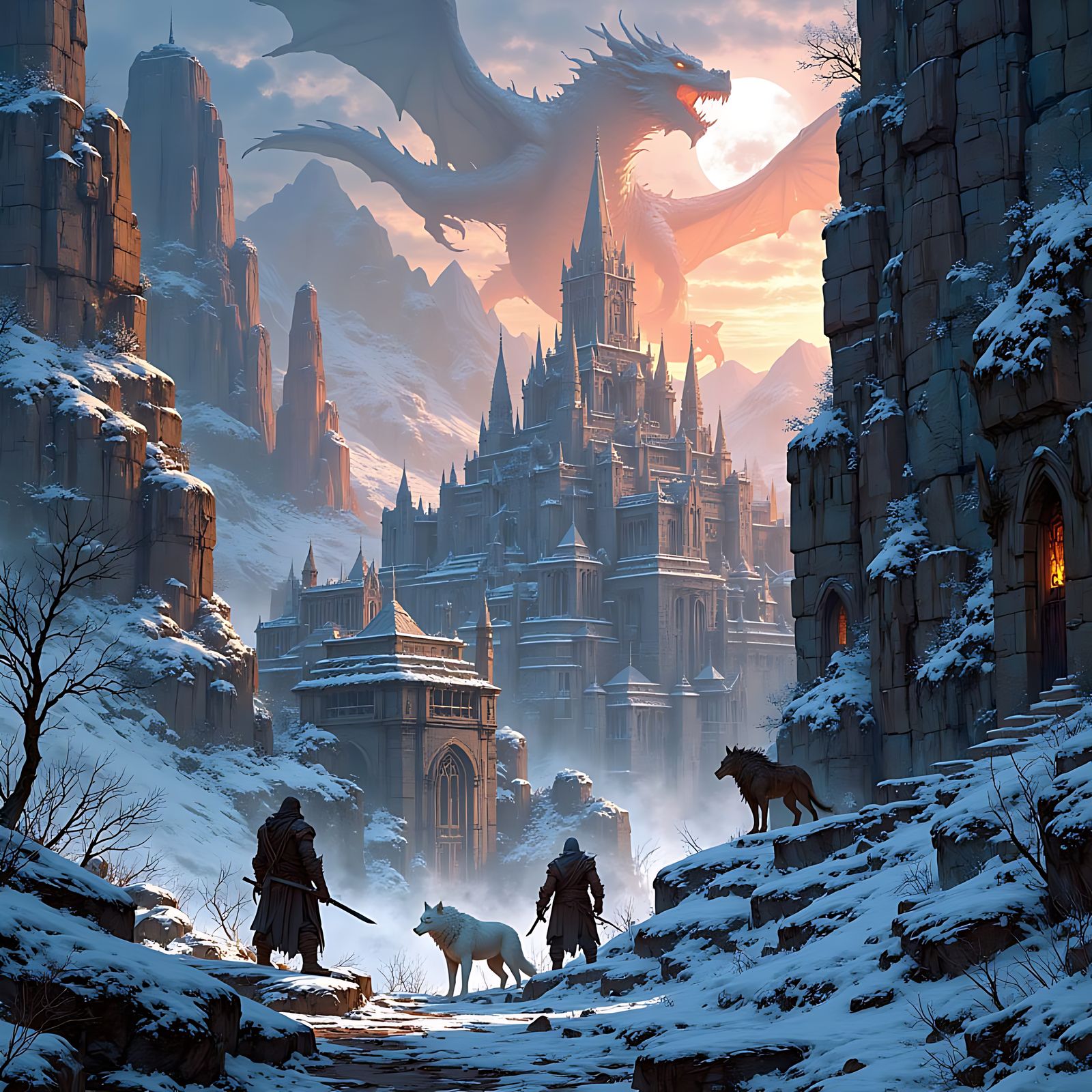 Ethereal Fantasy City of Anglothar with Wyvern and Goblins