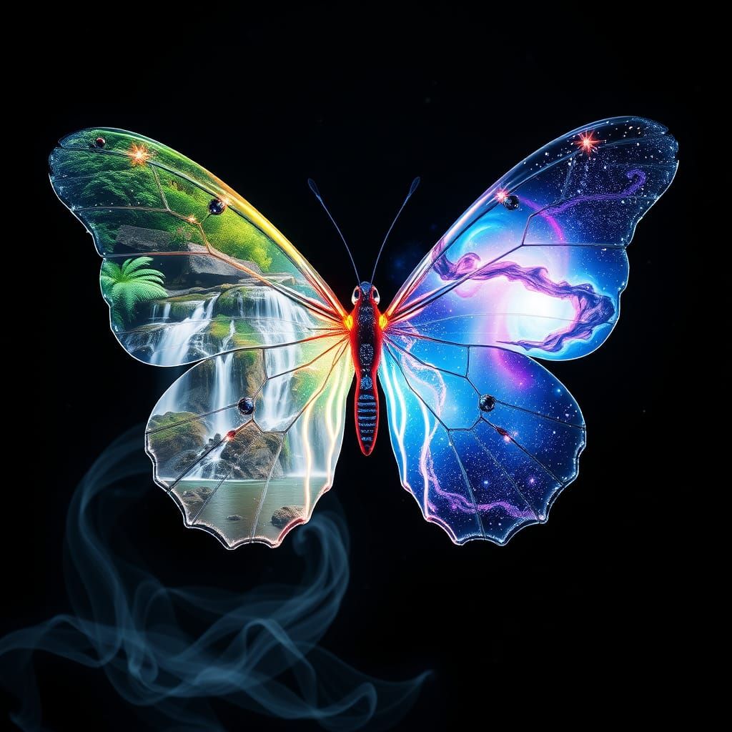A hyper-realistic, ethereal fluorescent butterfly with delicate, translucent wings, shimmering with microscopic, crystal...