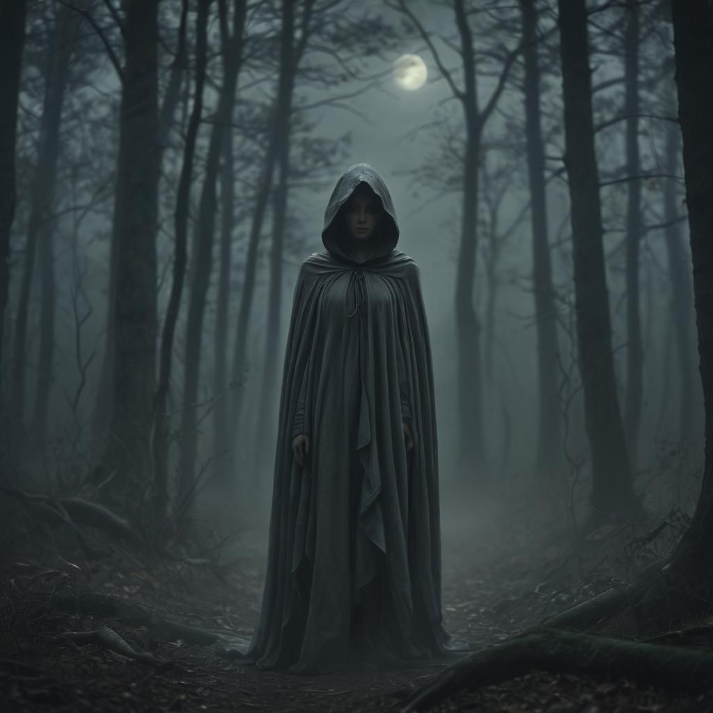 Mysterious Cloaked Figure in Dark Fantasy Forest