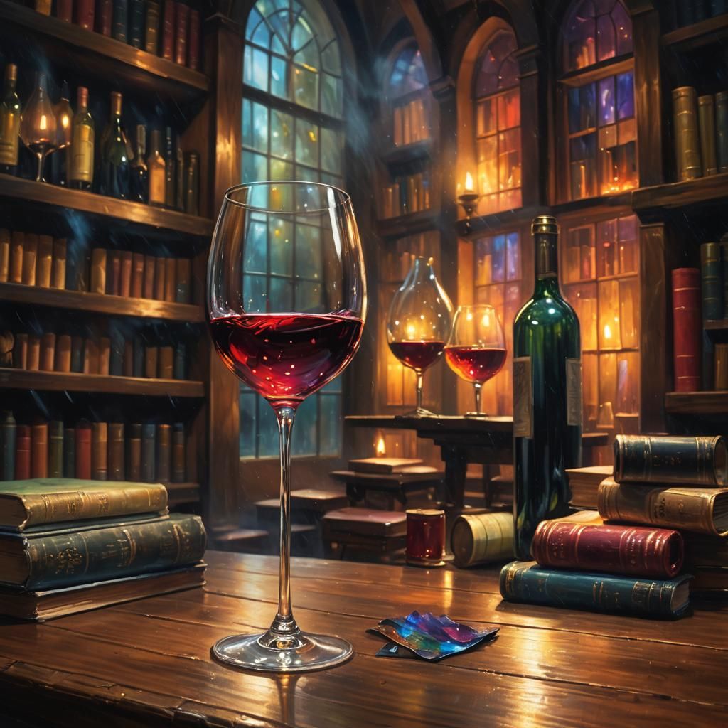 Mystical Wine Bottle in Fantasy Library Painting