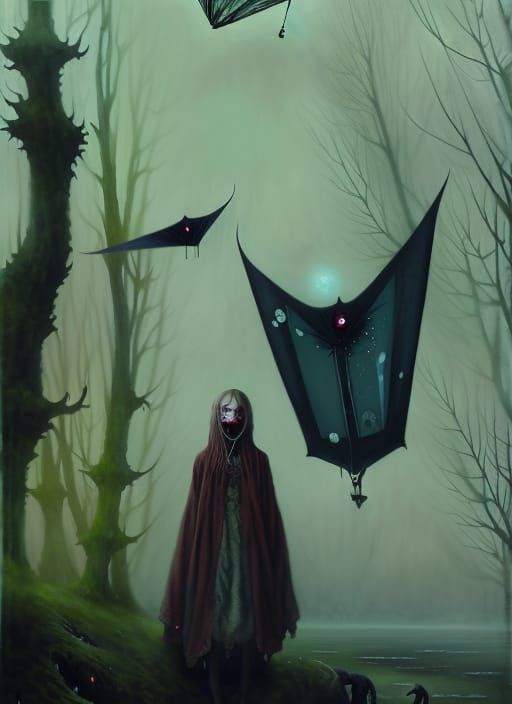 Ghostly Girl with Sinister Kites: Gouache Painting