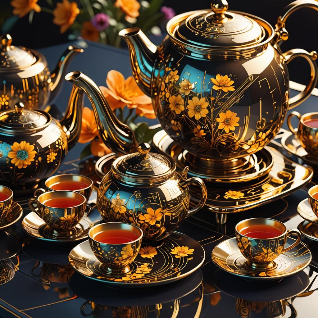 High-Tech Tea Set with Binary Code, 3D Render