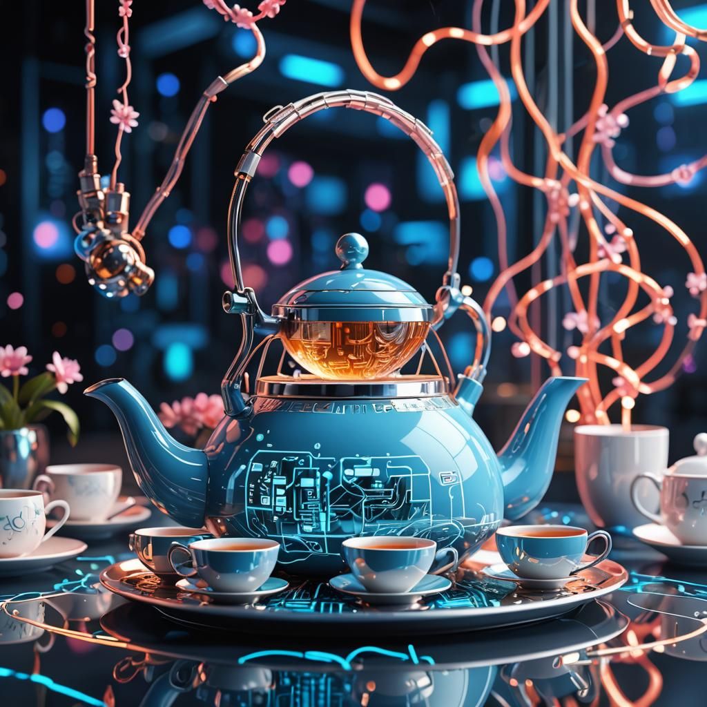 Futuristic Binary Code Tea Set in 3D Rendering