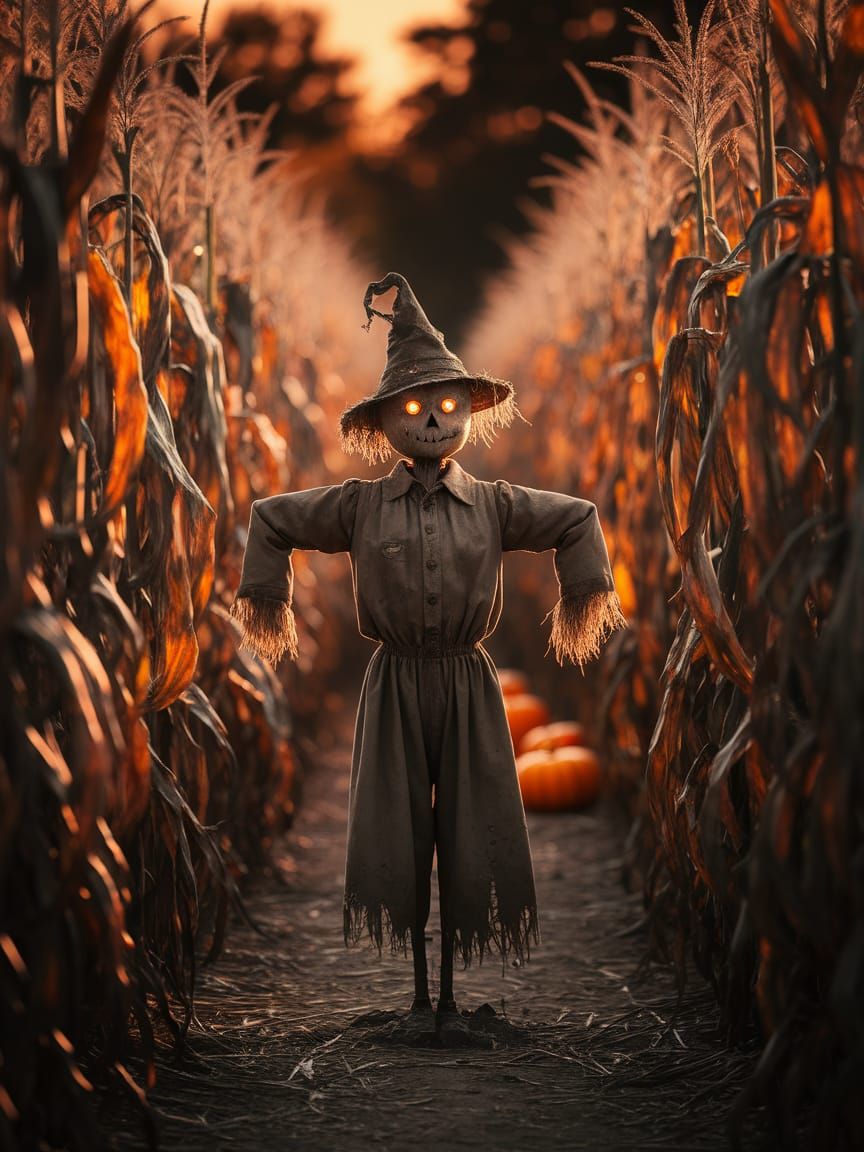 Golden Sunset Scarecrow in Autumn Corn Maze