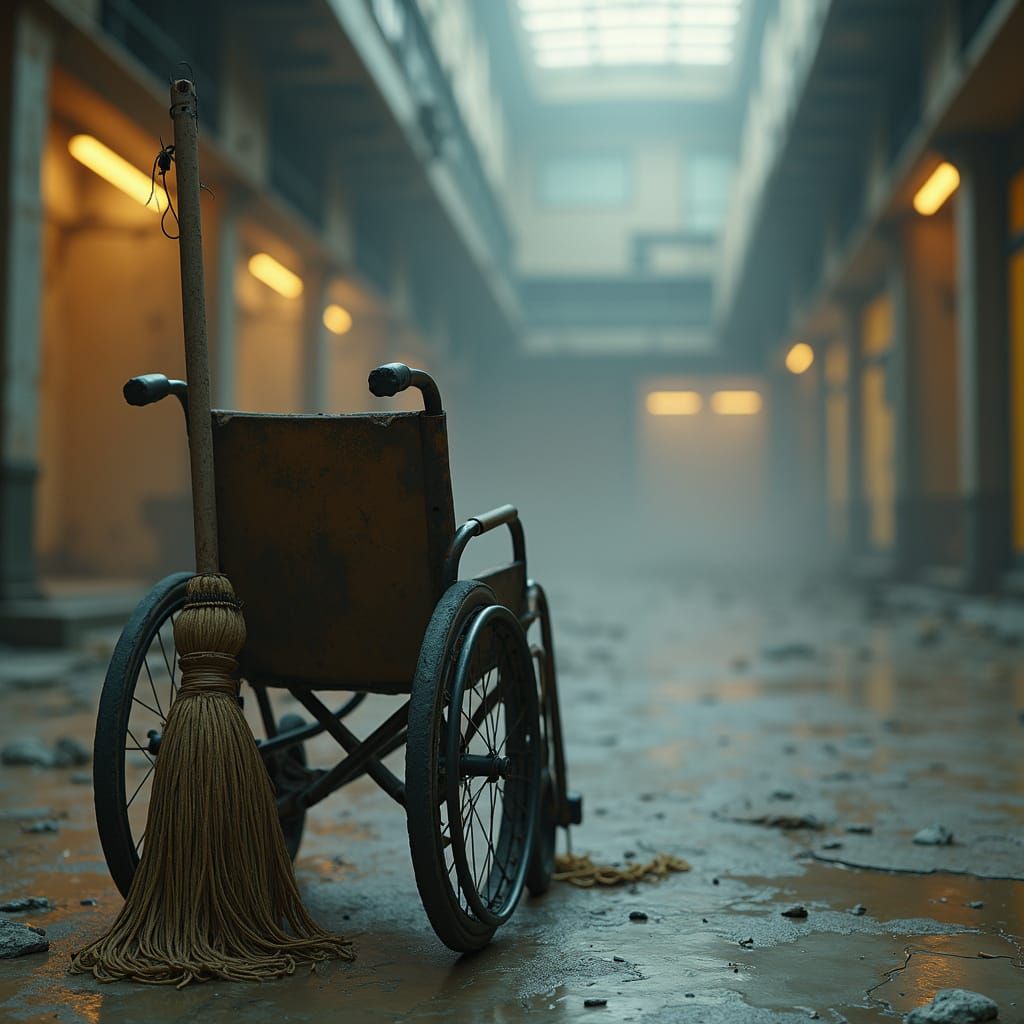 Abandoned Mop in Fading Light of a Futuristic Mall