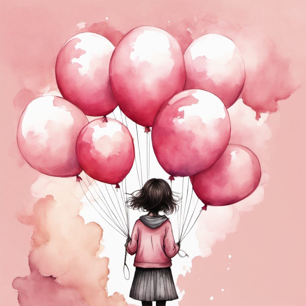 Girl with Pink Balloons: Whimsical Watercolor Illustration