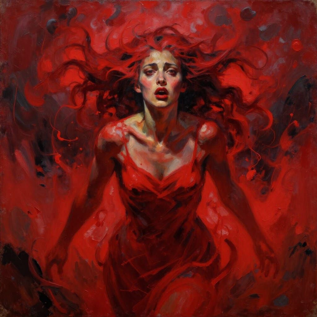 Expressionist Woman in Crimson Storm Oil Painting
