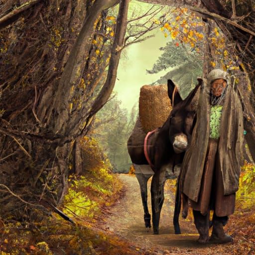 Donkey and Old Man Walk Forest Road