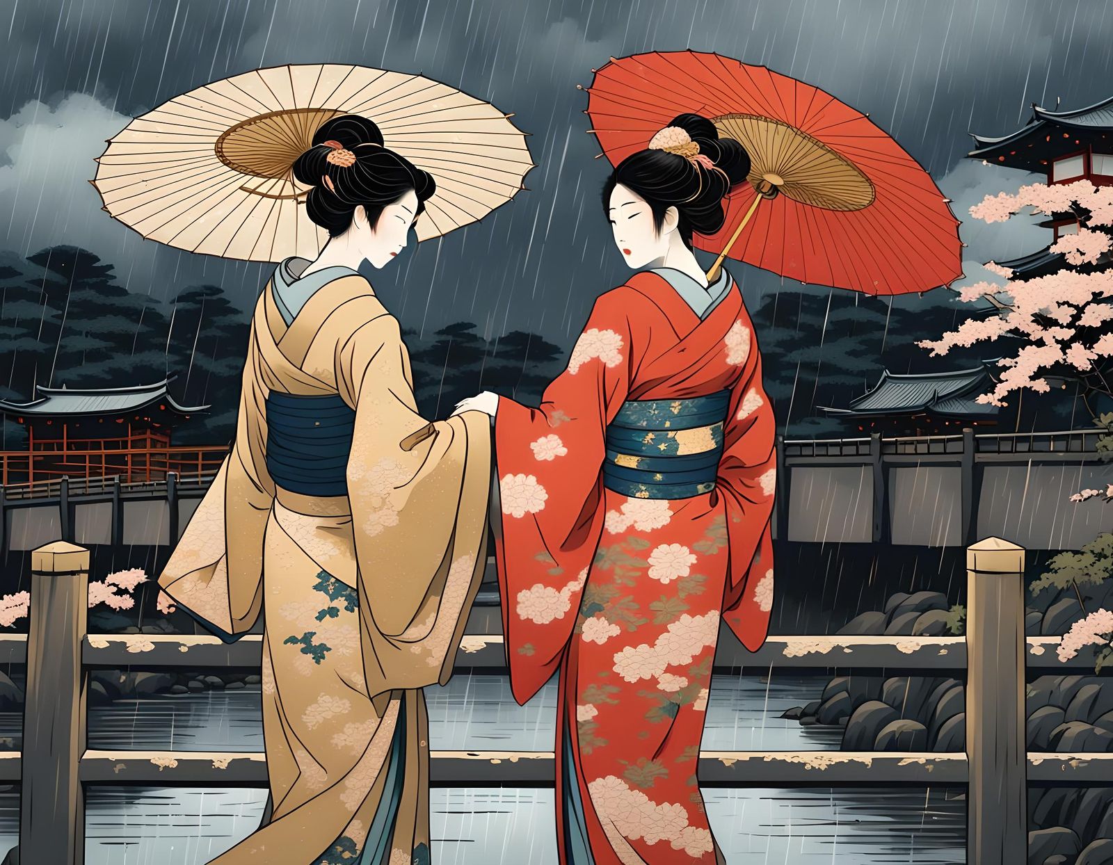 Romantic Japanese Couple in Kimonos: Ukiyo-e Style