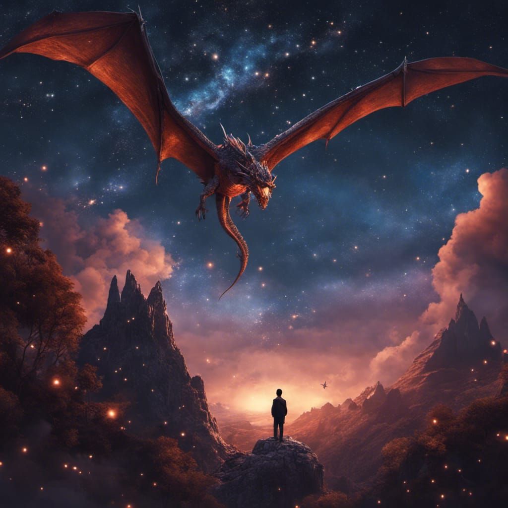 Dragon Flight at Midnight Under Starry Sky