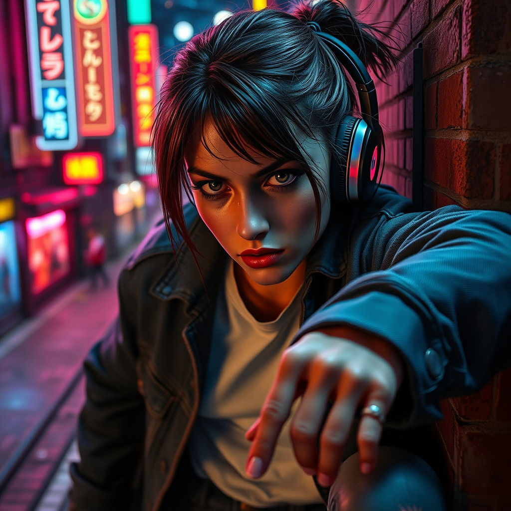 Cyberpunk Woman in Neon City at Night
