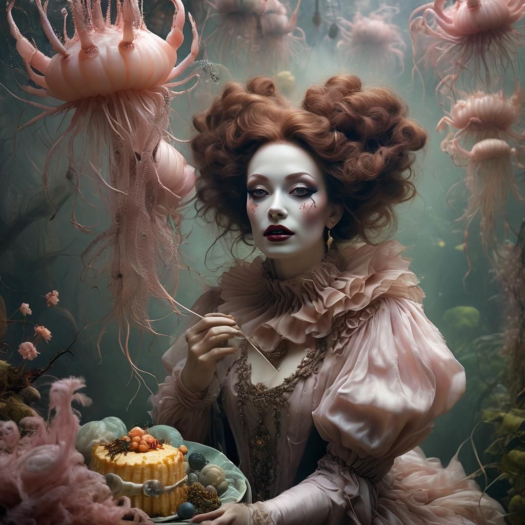 Lady Clown Eats Cake in Surrealist Photo